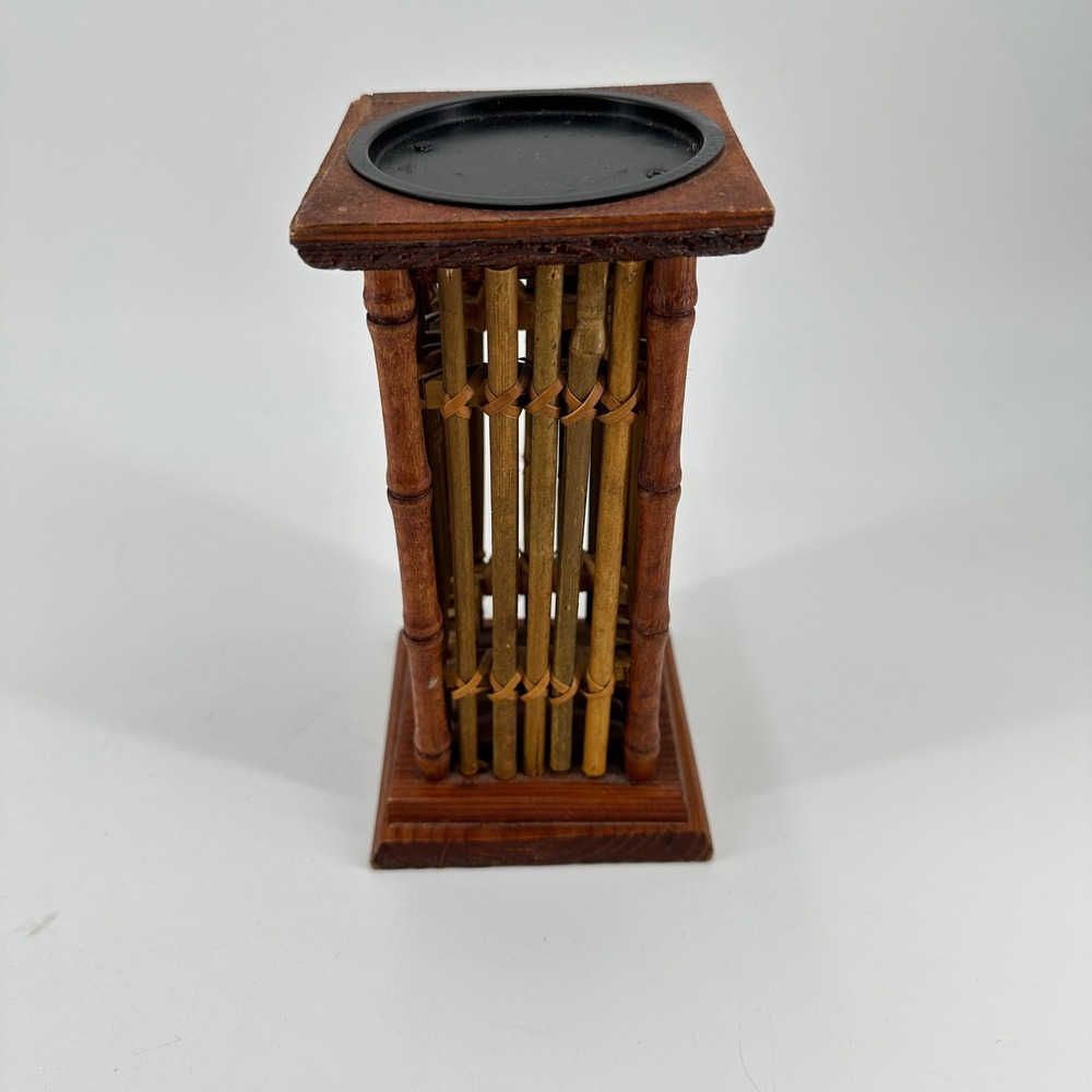 Vintage Style Bamboo and Wood Pillar Candle Holder Tiki Tropical Decor